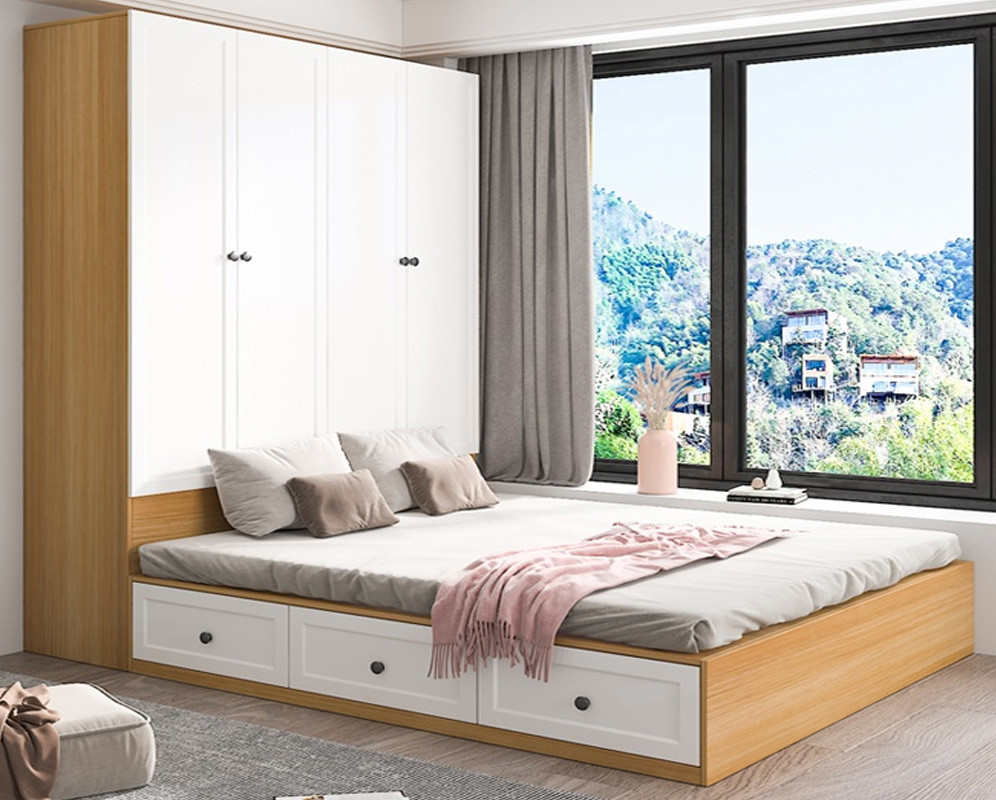 Mẫu giường MDF có hộc nối liền tủ quần áo